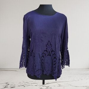 Dolce Vita Deep Purple Silk Blend Embroidered Blouse Size Med